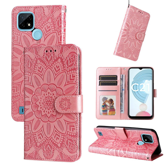 For OPPO Realme C21 / C21Y Embossed Sunflower Leather Phone Case(Rose Gold) - Realme Cases by buy2fix | Online Shopping UK | buy2fix