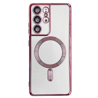 For Samsung Galaxy S22 Ultra 5G Electroplated Frame MagSafe Magnetic Phone Case(Dark Pink) by buy2fix
