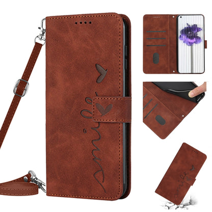 For Nothing Phone 1 Skin Feel Heart Pattern Leather Phone Case with Lanyard(Brown) - Nothing Cases by buy2fix | Online Shopping UK | buy2fix