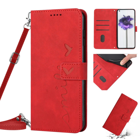 For Nothing Phone 1 Skin Feel Heart Pattern Leather Phone Case with Lanyard(Red)