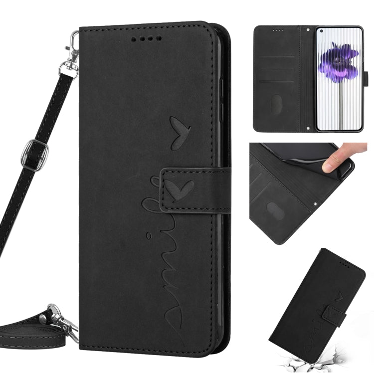 For Nothing Phone 1 Skin Feel Heart Pattern Leather Phone Case with Lanyard(Black) - Nothing Cases by buy2fix | Online Shopping UK | buy2fix