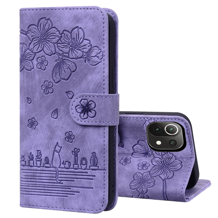 For Xiaomi Mi 11 Lite 4G / 5G Cartoon Sakura Cat Embossed Leather Phone Case(Purple) - Xiaomi Cases by buy2fix | Online Shopping UK | buy2fix