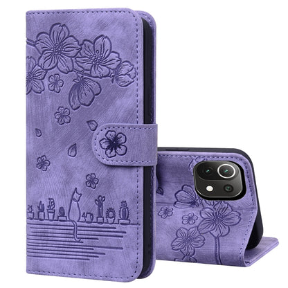 For Xiaomi Mi 11 Lite 4G / 5G Cartoon Sakura Cat Embossed Leather Phone Case(Purple) - Xiaomi Cases by buy2fix | Online Shopping UK | buy2fix