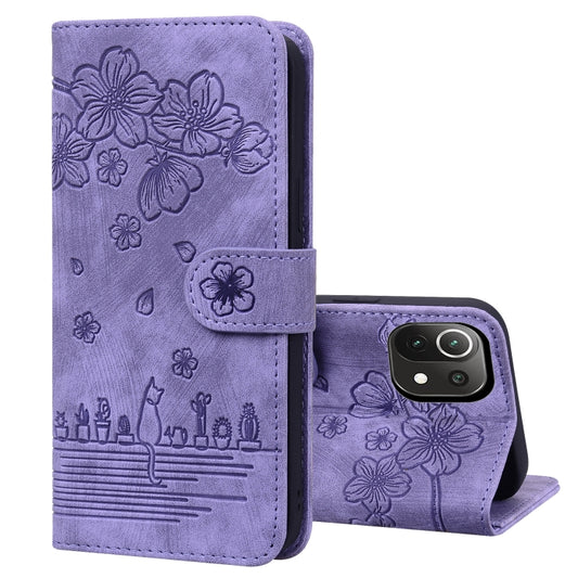 For Xiaomi Mi 11 Lite 4G / 5G Cartoon Sakura Cat Embossed Leather Phone Case(Purple) - Xiaomi Cases by buy2fix | Online Shopping UK | buy2fix