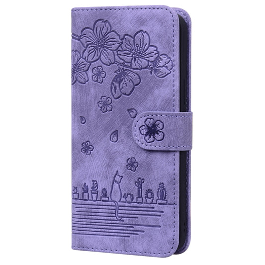 For Xiaomi Mi 11 Lite 4G / 5G Cartoon Sakura Cat Embossed Leather Phone Case(Purple) - Xiaomi Cases by buy2fix | Online Shopping UK | buy2fix