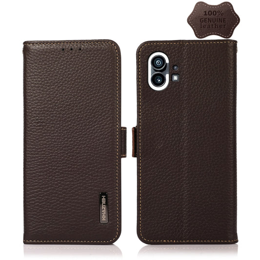 For Nothing Phone 1 KHAZNEH Side-Magnetic Litchi Genuine Leather RFID Phone Case(Brown) - Nothing Cases by buy2fix | Online Shopping UK | buy2fix