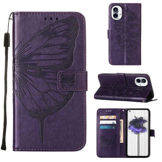 For Nothing Phone 1 Embossed Butterfly Leather Phone Case(Dark Purple) - Nothing Cases by buy2fix | Online Shopping UK | buy2fix