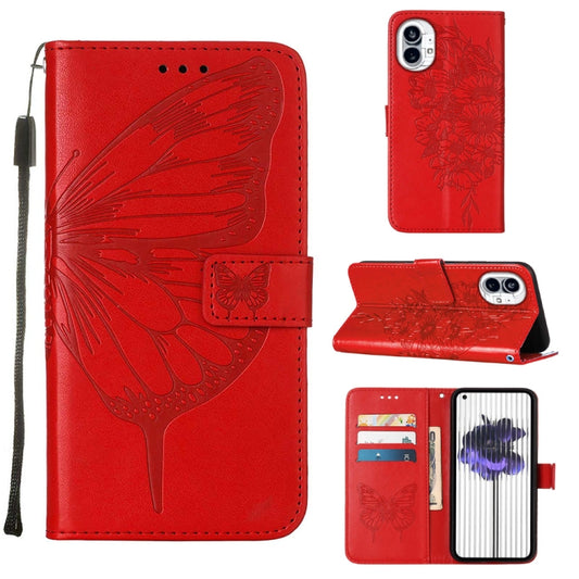 For Nothing Phone 1 Embossed Butterfly Leather Phone Case(Red) - Nothing Cases by buy2fix | Online Shopping UK | buy2fix
