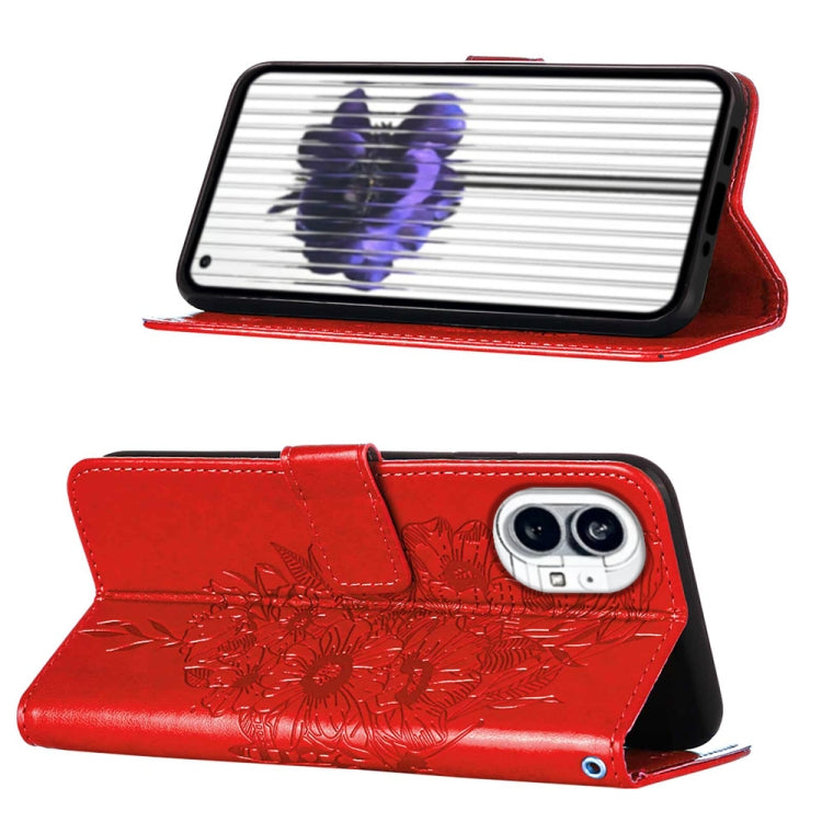 For Nothing Phone 1 Embossed Butterfly Leather Phone Case(Red) - Nothing Cases by buy2fix | Online Shopping UK | buy2fix