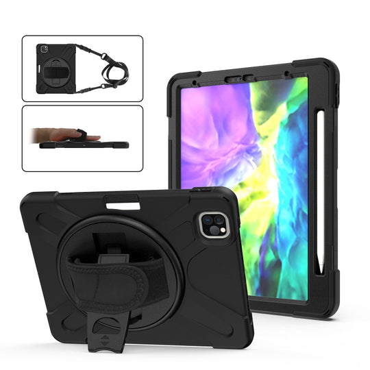 360 Degree Rotation Silicone Protective Cover with Holder & Hand Strap & Long Strap & Pencil Slot For iPad Air 2025 / 10.9 / Pro 11 2021 / 2020 / 2018(Black)