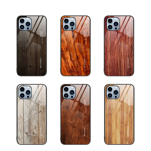 For iPhone 14 Pro Max Wood Grain Glass Protective Case (Dark Brown) - iPhone 14 Pro Max Cases by buy2fix | Online Shopping UK | buy2fix