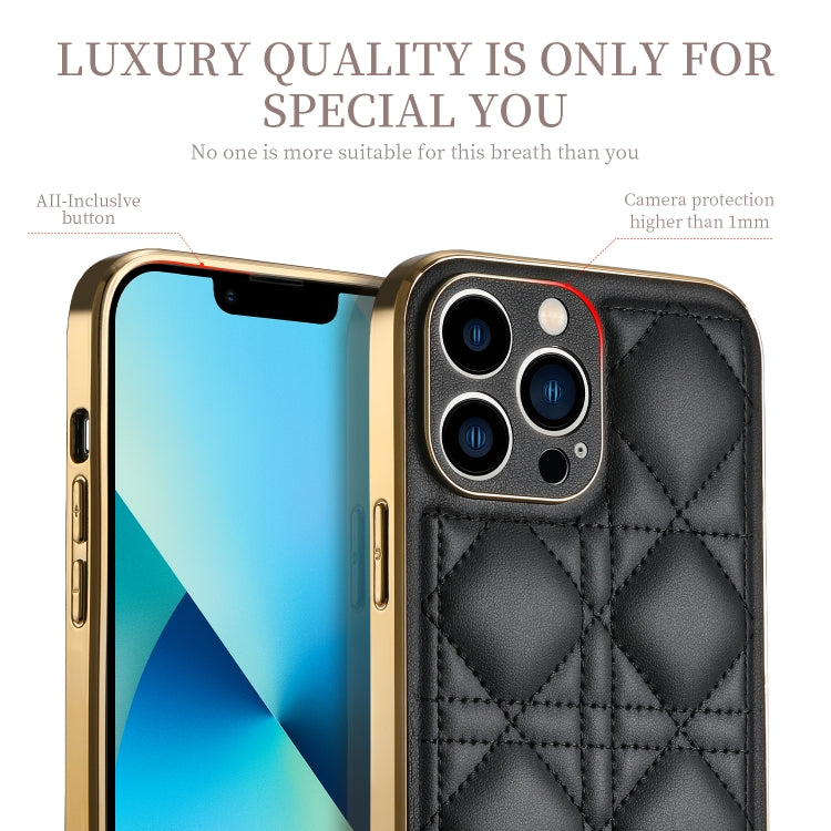 For iPhone 13 Pro D03 Grid PU Leather Electroplated Phone Case (Black) - iPhone 13 Pro Cases by buy2fix | Online Shopping UK | buy2fix