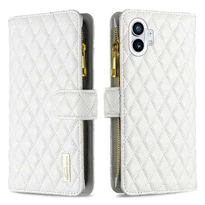 For Nothing Phone 1 Diamond Lattice Zipper Wallet Leather Flip Phone Case(White) - Nothing Cases by buy2fix | Online Shopping UK | buy2fix