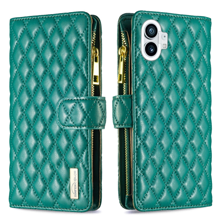 For Nothing Phone 1 Diamond Lattice Zipper Wallet Leather Flip Phone Case(Green) - Nothing Cases by buy2fix | Online Shopping UK | buy2fix