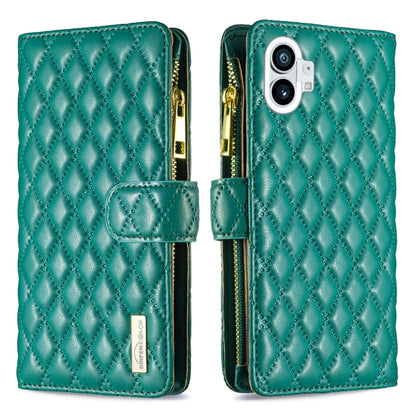 For Nothing Phone 1 Diamond Lattice Zipper Wallet Leather Flip Phone Case(Green) - Nothing Cases by buy2fix | Online Shopping UK | buy2fix