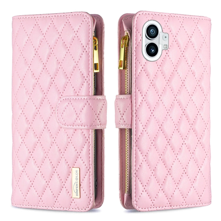 For Nothing Phone 1 Diamond Lattice Zipper Wallet Leather Flip Phone Case(Pink) - Nothing Cases by buy2fix | Online Shopping UK | buy2fix