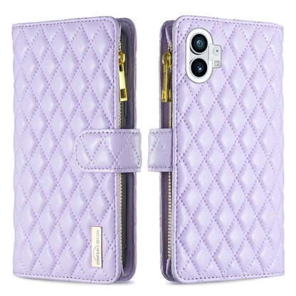 For Nothing Phone 1 Diamond Lattice Zipper Wallet Leather Flip Phone Case(Purple) - Nothing Cases by buy2fix | Online Shopping UK | buy2fix