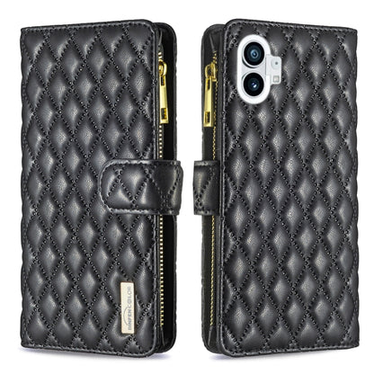 For Nothing Phone 1 Diamond Lattice Zipper Wallet Leather Flip Phone Case(Black) - Nothing Cases by buy2fix | Online Shopping UK | buy2fix