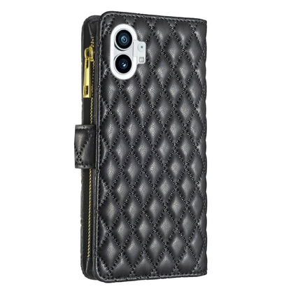 For Nothing Phone 1 Diamond Lattice Zipper Wallet Leather Flip Phone Case(Black) - Nothing Cases by buy2fix | Online Shopping UK | buy2fix