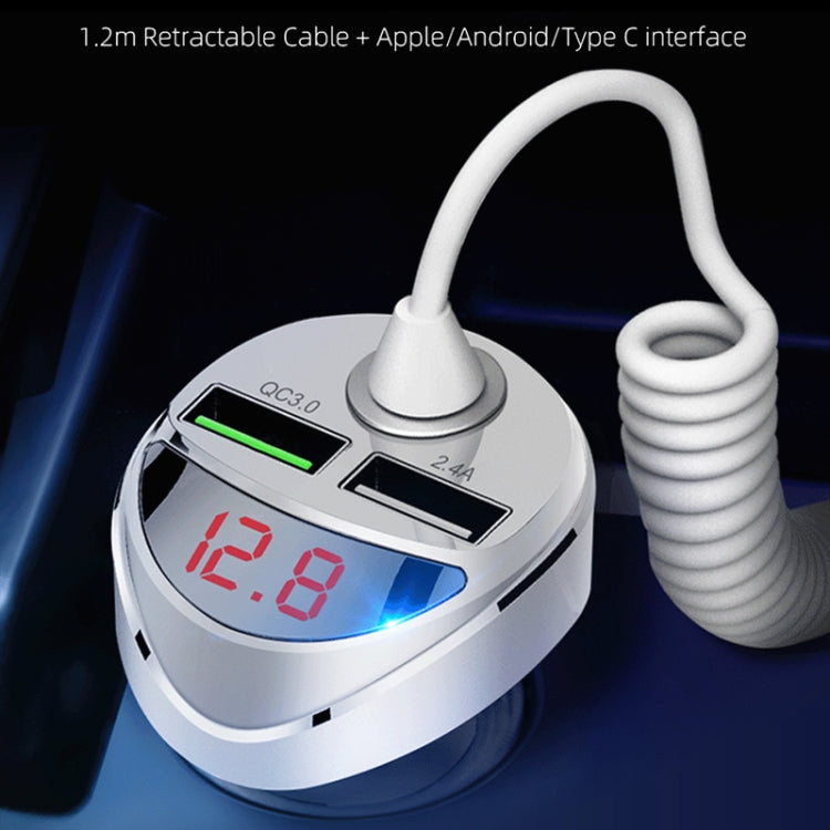 C68 LED Digital Display QC3.0 Fast Car Charger 3 in 1 with Spring Cable (Silver) by buy2fix