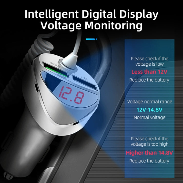 C68 LED Digital Display QC3.0 Fast Car Charger 3 in 1 with Spring Cable (Silver) by buy2fix