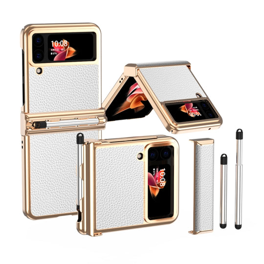Pour Samsung Galaxy Z Flip4 Litchi Texture Étui de téléphone galvanisé à charnière en cuir avec stylo (or blanc)