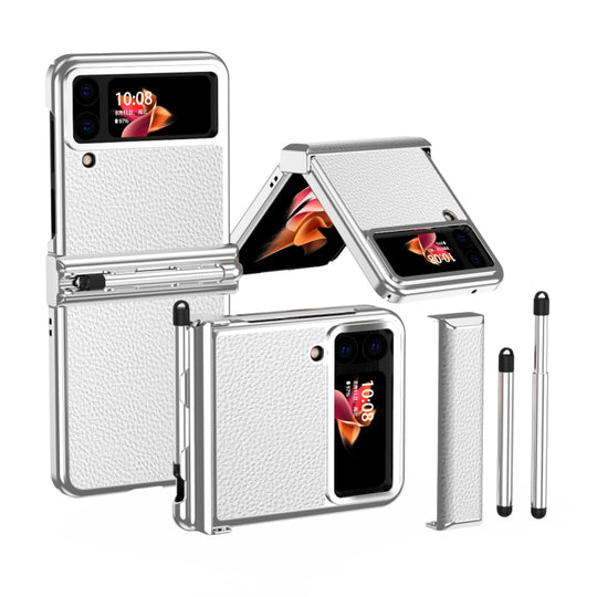 Pour Samsung Galaxy Z Flip4 Litchi Texture Étui de téléphone galvanisé à charnière en cuir avec stylo (blanc argenté)