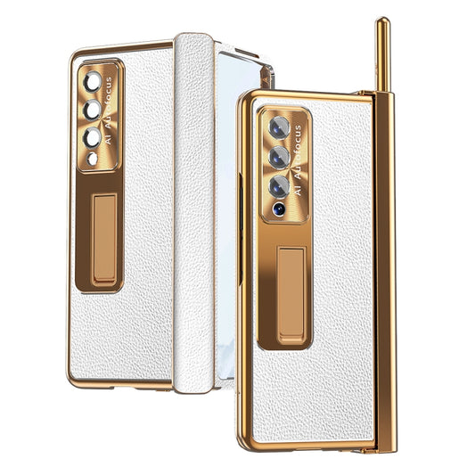 For Samsung Galaxy Z Fold3 5G Litchi Pattern Magnetic Shell Film Integrated Shockproof Phone Case(Silver Gold) by buy2fix