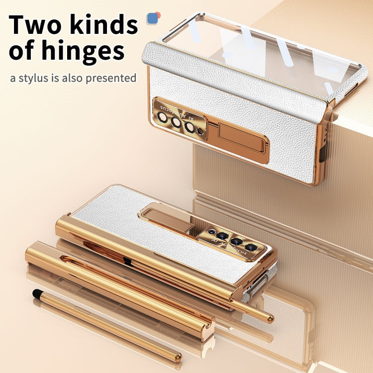 For Samsung Galaxy Z Fold3 5G Litchi Pattern Magnetic Shell Film Integrated Shockproof Phone Case(Silver Gold) by buy2fix