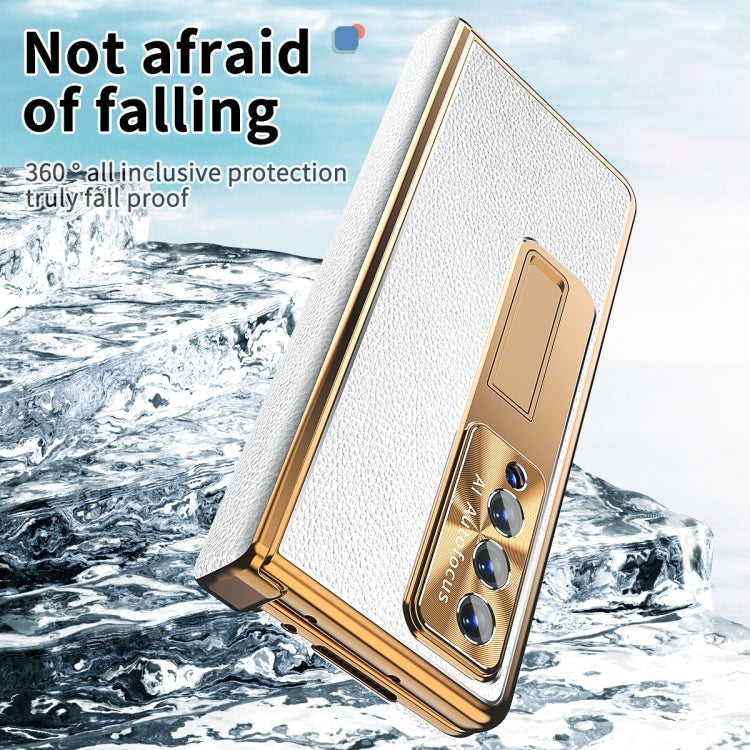 For Samsung Galaxy Z Fold3 5G Litchi Pattern Magnetic Shell Film Integrated Shockproof Phone Case(Silver Gold) by buy2fix