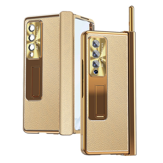 For Samsung Galaxy Z Fold3 5G Litchi Pattern Magnetic Shell Film Integrated Shockproof Phone Case(Gold) by buy2fix