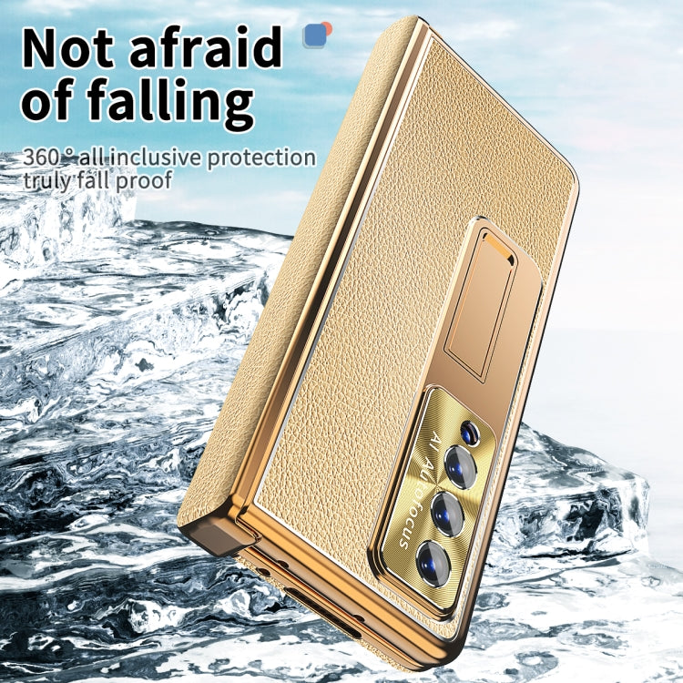 For Samsung Galaxy Z Fold3 5G Litchi Pattern Magnetic Shell Film Integrated Shockproof Phone Case(Gold) by buy2fix