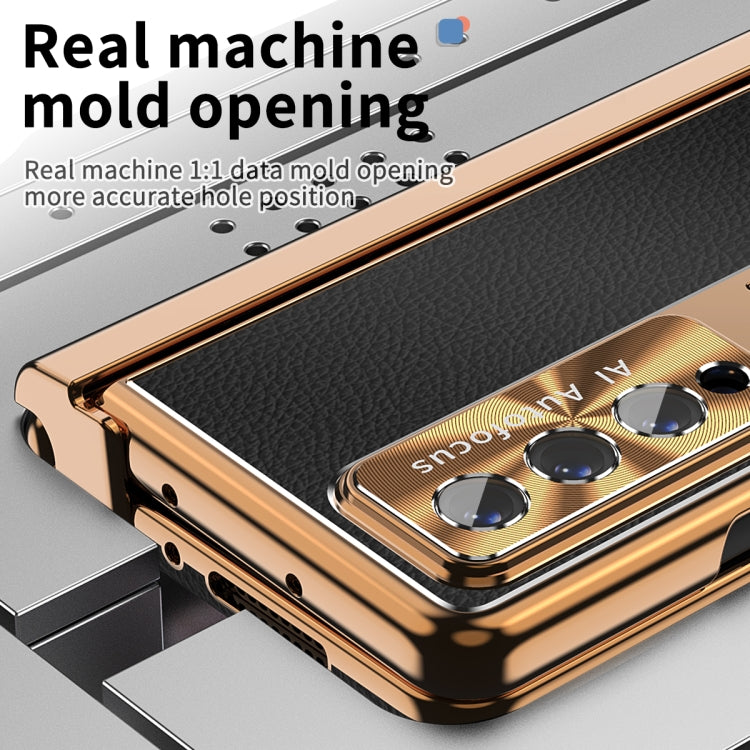 For Samsung Galaxy Z Fold3 5G Litchi Pattern Magnetic Shell Film Integrated Shockproof Phone Case(Black Gold) by buy2fix