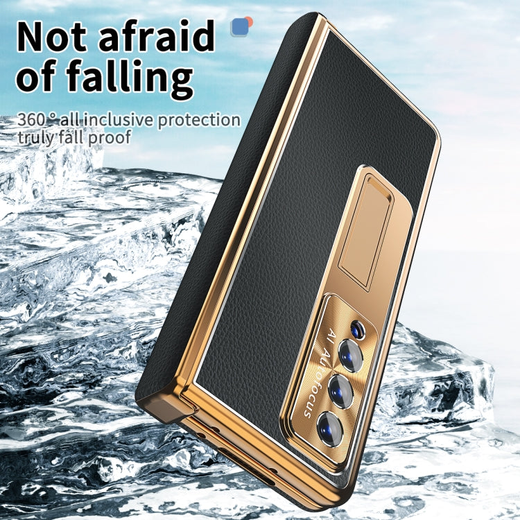 For Samsung Galaxy Z Fold3 5G Litchi Pattern Magnetic Shell Film Integrated Shockproof Phone Case(Black Gold) by buy2fix