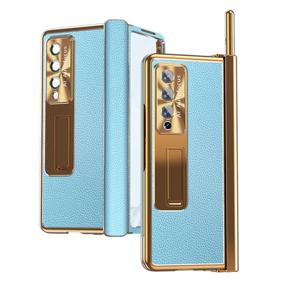 For Samsung Galaxy Z Fold3 5G Litchi Pattern Magnetic Shell Film Integrated Shockproof Phone Case(Blue Gold) by buy2fix