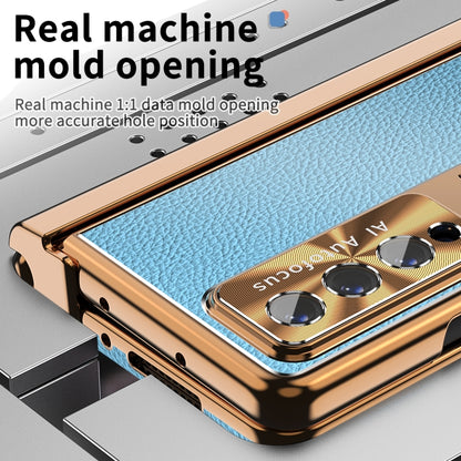 For Samsung Galaxy Z Fold3 5G Litchi Pattern Magnetic Shell Film Integrated Shockproof Phone Case(Blue Gold) by buy2fix