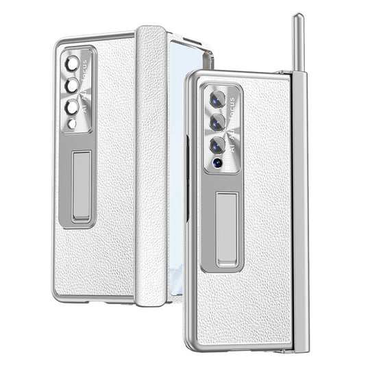 For Samsung Galaxy Z Fold4 Litchi Pattern Magnetic Shell Film Integrated Shockproof Phone Case(Silver)