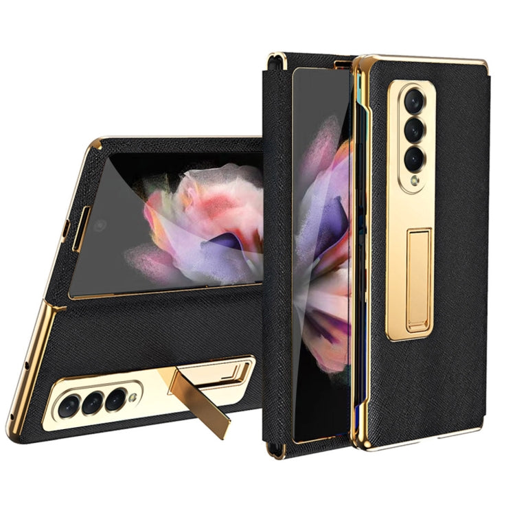 For Samsung Galaxy Z Fold3 5G Cross Texture Integrated Electroplating Hinge Flip Phone Case with Tempered Film(Black) by buy2fix