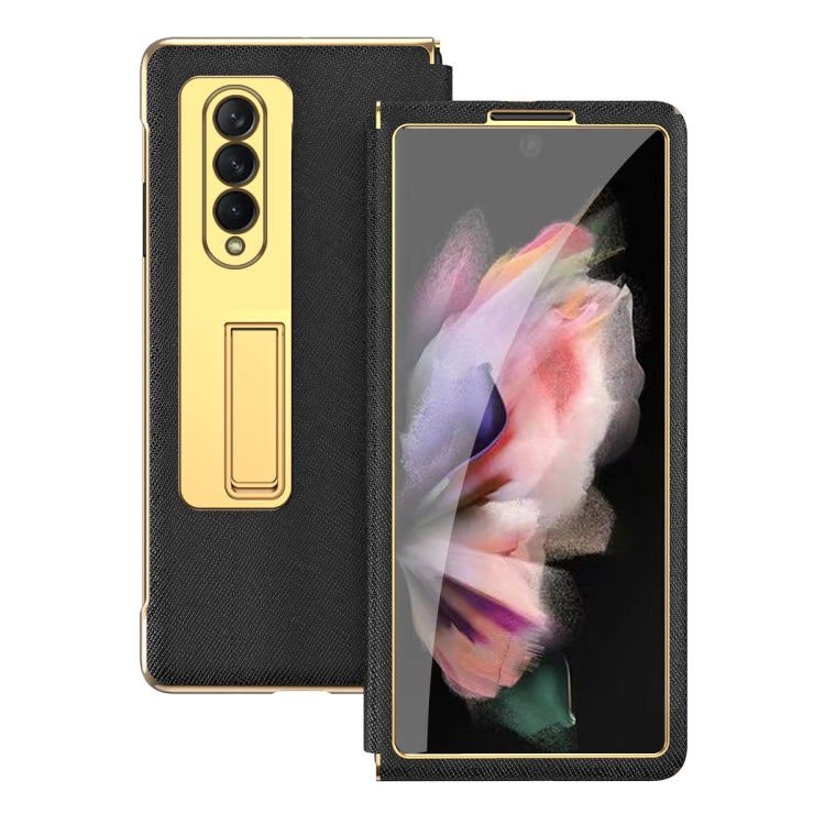 For Samsung Galaxy Z Fold3 5G Cross Texture Integrated Electroplating Hinge Flip Phone Case with Tempered Film(Black) by buy2fix