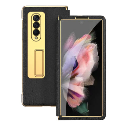 For Samsung Galaxy Z Fold3 5G Cross Texture Integrated Electroplating Hinge Flip Phone Case with Tempered Film(Black) by buy2fix