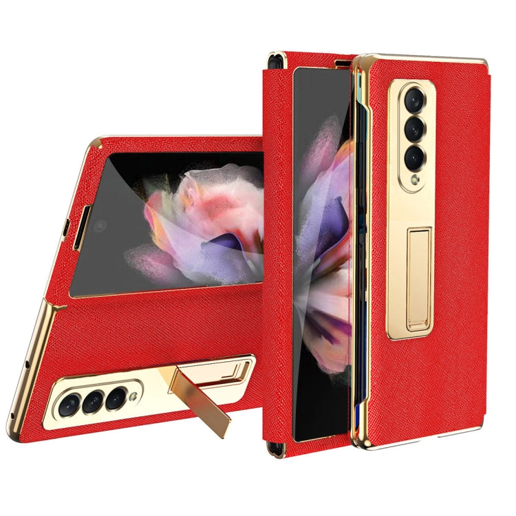 For Samsung Galaxy Z Fold3 5G Cross Texture Integrated Electroplating Hinge Flip Phone Case with Tempered Film(Red) by buy2fix