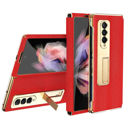 For Samsung Galaxy Z Fold3 5G Cross Texture Integrated Electroplating Hinge Flip Phone Case with Tempered Film(Red) by buy2fix