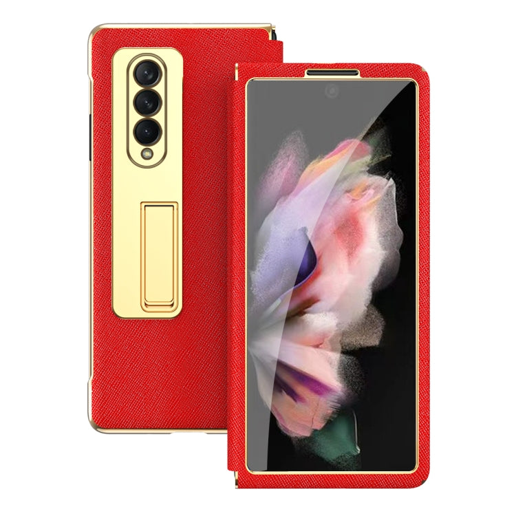 For Samsung Galaxy Z Fold3 5G Cross Texture Integrated Electroplating Hinge Flip Phone Case with Tempered Film(Red) by buy2fix