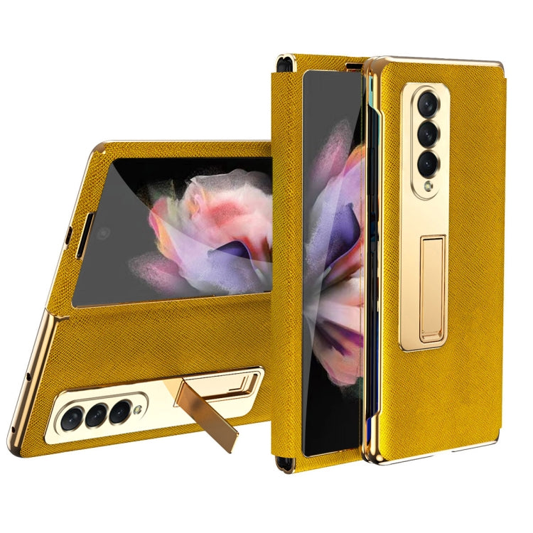 For Samsung Galaxy Z Fold3 5G Cross Texture Integrated Electroplating Hinge Flip Phone Case with Tempered Film(Gold) by buy2fix