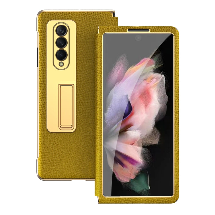 For Samsung Galaxy Z Fold3 5G Cross Texture Integrated Electroplating Hinge Flip Phone Case with Tempered Film(Gold) by buy2fix