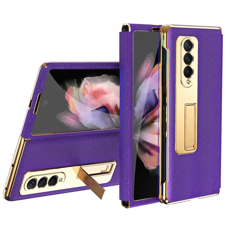 For Samsung Galaxy Z Fold3 5G Cross Texture Integrated Electroplating Hinge Flip Phone Case with Tempered Film(Purple) by buy2fix