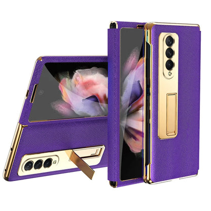 For Samsung Galaxy Z Fold3 5G Cross Texture Integrated Electroplating Hinge Flip Phone Case with Tempered Film(Purple) by buy2fix
