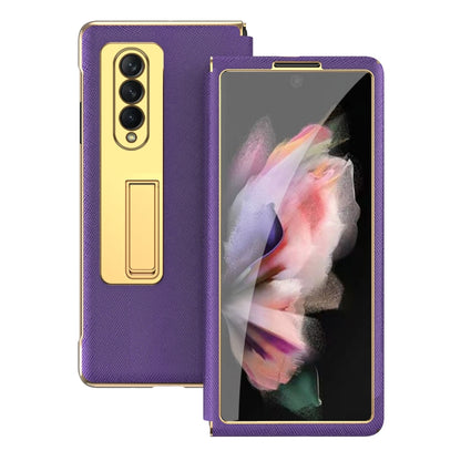 For Samsung Galaxy Z Fold3 5G Cross Texture Integrated Electroplating Hinge Flip Phone Case with Tempered Film(Purple) by buy2fix