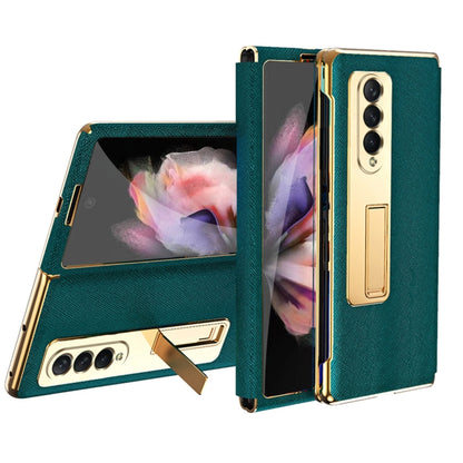 For Samsung Galaxy Z Fold3 5G Cross Texture Integrated Electroplating Hinge Flip Phone Case with Tempered Film(Cyan) by buy2fix