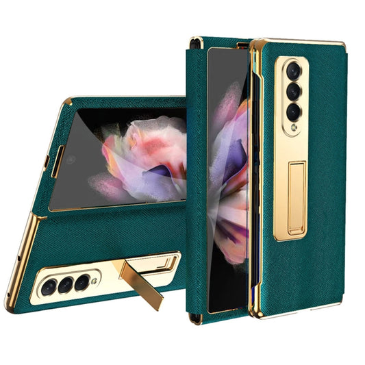 For Samsung Galaxy Z Fold3 5G Cross Texture Integrated Electroplating Hinge Flip Phone Case with Tempered Film(Cyan) by buy2fix